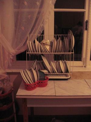 Natavan just washed all these dishes.  There are 86, for one day's meals for 4 people.