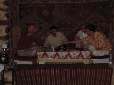 Christopher, Jeyhun, Vugar and Mark enjoy samovar tea in Caravan Saray in Sheki.
