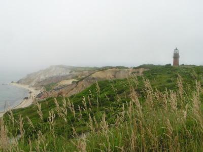 Gay Head Cliffs and Lighthouse on a foggy morning.jpg