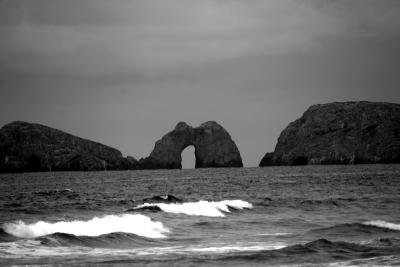 Oregon Coast Haystacks with keyhole black and white.jpg