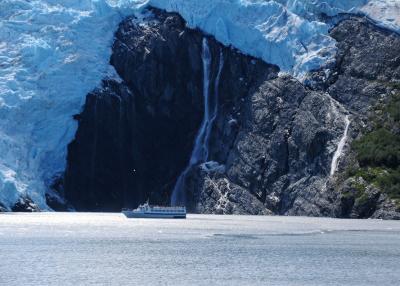 Whittier Glacier and waterfalls on the sound of Prince