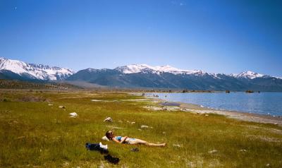 sunbathing at Mono Lake