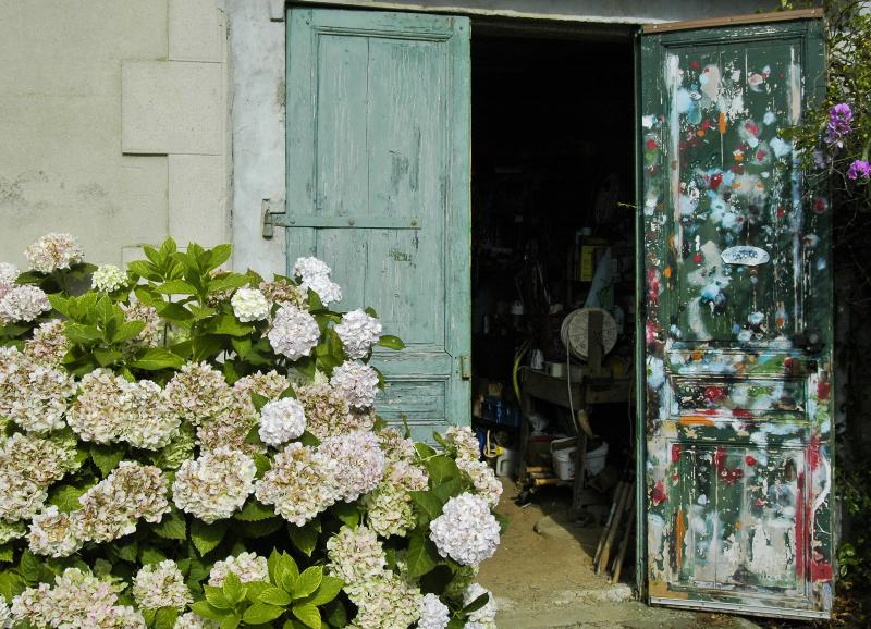 Garage with Hydrangea