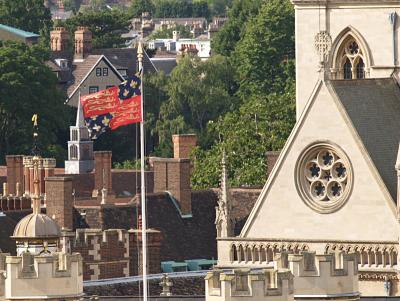 Banner at Trinity with St John's Chapel in the background