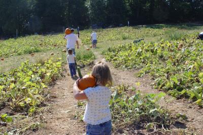 Follow the leader. Rory wants to be like Daddy and carry the pumpkin on her shoulder