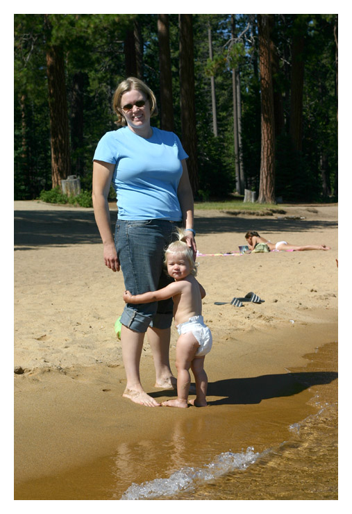 Emily clinging to mom at Lake Tahoe
