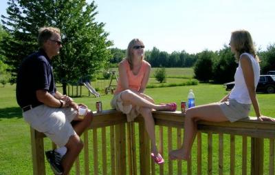 Discussing Bikram yoga on the back porch