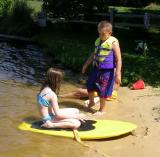 Hank keeps the life jacket on in case the tide comes in.