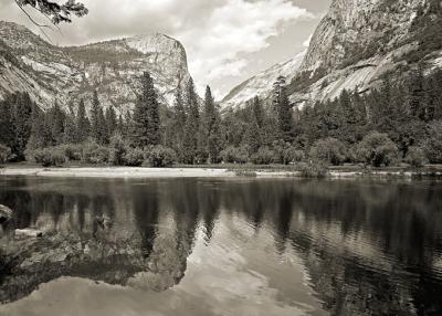 view from mirror lake sepia