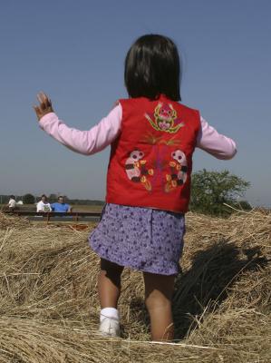 On top of a hay bale (vest is from China)