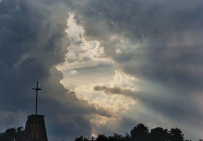 steeple with clouds