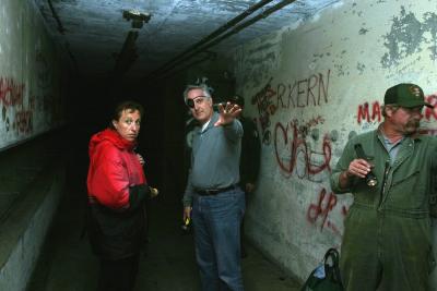 Spelunkers inside Battery Townsley. NPS historian Steve Haller with jaunty eyepatch
