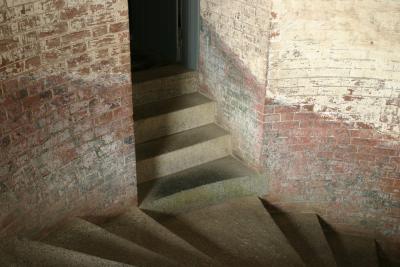 Third floor spiral staircase landing, gorge side