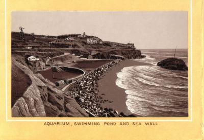 View 2. Baths site circa 1890. Sutro's aquarium and seawall viewed from Pt Lobos