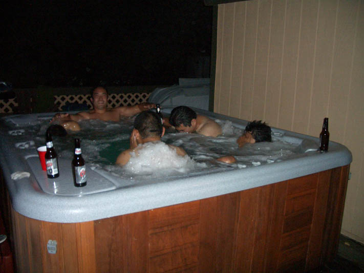 all the other guys hide, too embarrassed to be seen in a female-less hot tub!