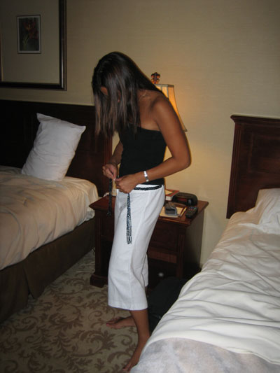 Irene adjusts her see-thru pants