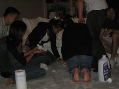 all the girls help in cleaning up the blood stains from euge's white carpet