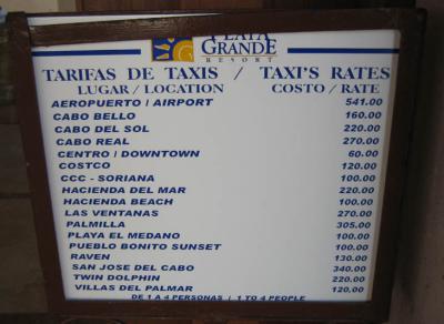 various taxi rates from our resort
