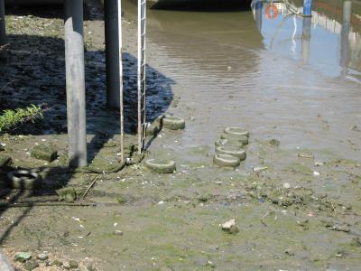 Old tyres in mud under Riverside Quarter open air restaurant.