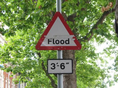 Flood warning sign close up.