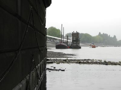 Putney pier, taken from river bed under Putney bridge at low tide.