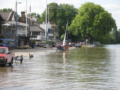 High tide at the boathouses on the Embankment.