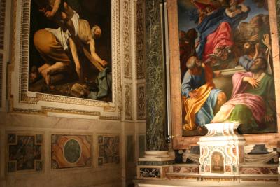 Caravaggio's Crucifiction of Peter and  Annibale's Assumption in Santa Maria del Popolo church