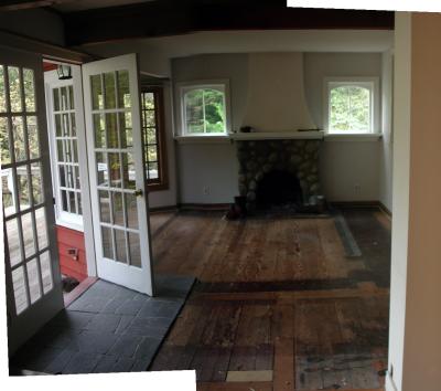 april pan - old windows & fireplace wall - and original Bowen fir flloor