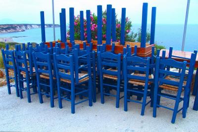 Blue chairs upside down