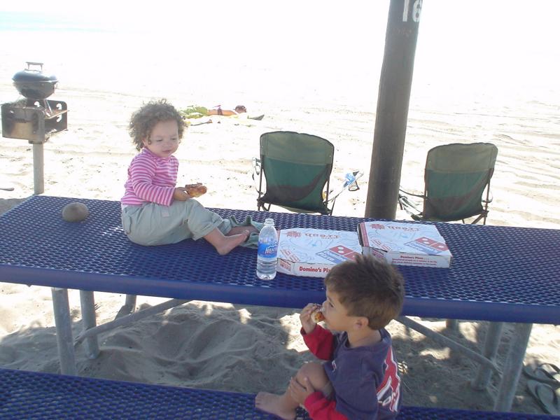 Having dinner at camp
