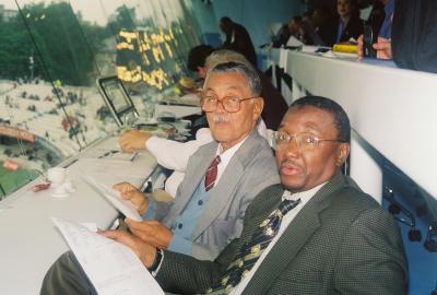The late Allan Rae West Indies Cricket Opening Bat (1950) with Claude Tait in the Media Center at Lords