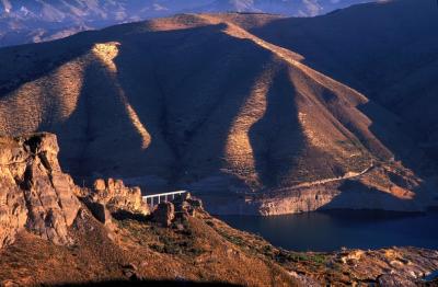 Entering Sierra Nevada: dam and lake on Rio Genil