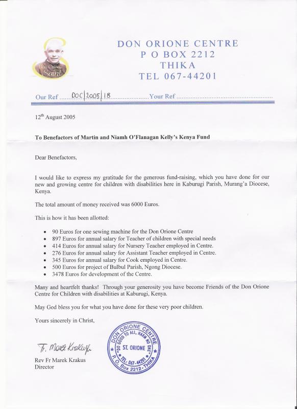 Receipt of Monies donated by people of Ireland