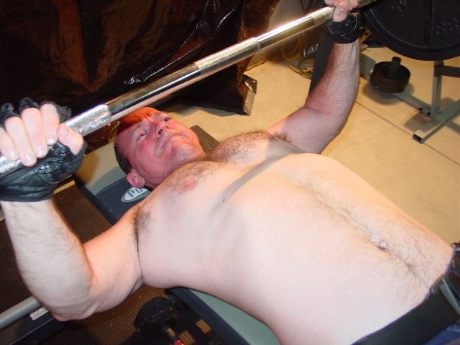 Muscleman Stud Bench Pressing Workout Posing Photos