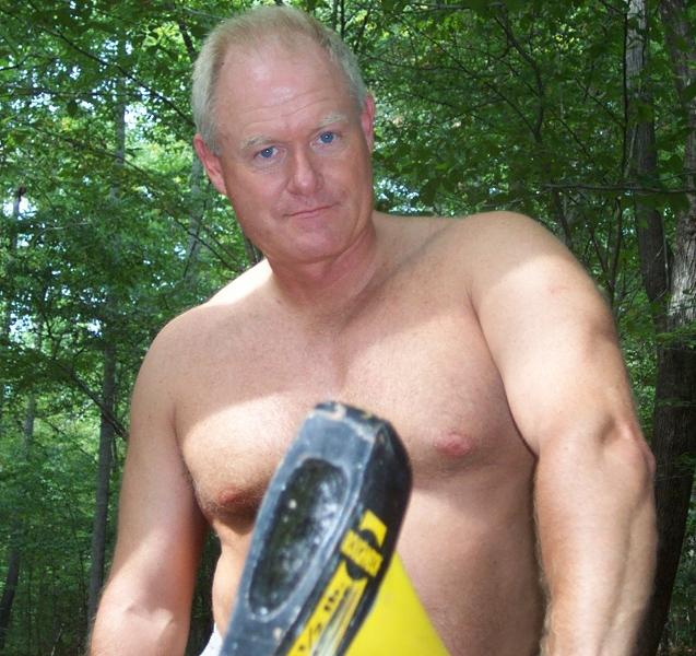 Sweaty Blond Lumberjack Hairychest Muscleman Bear Dad Chopping Wood Shirtless photos gallery