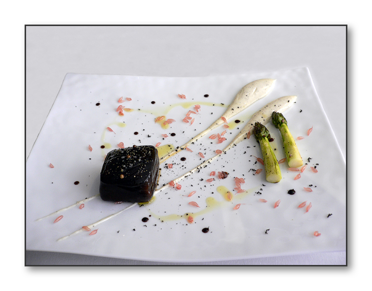 SALMON POACHED WITH LIQUORICE, Asparagus, pink grapefruit, Manni olive oil