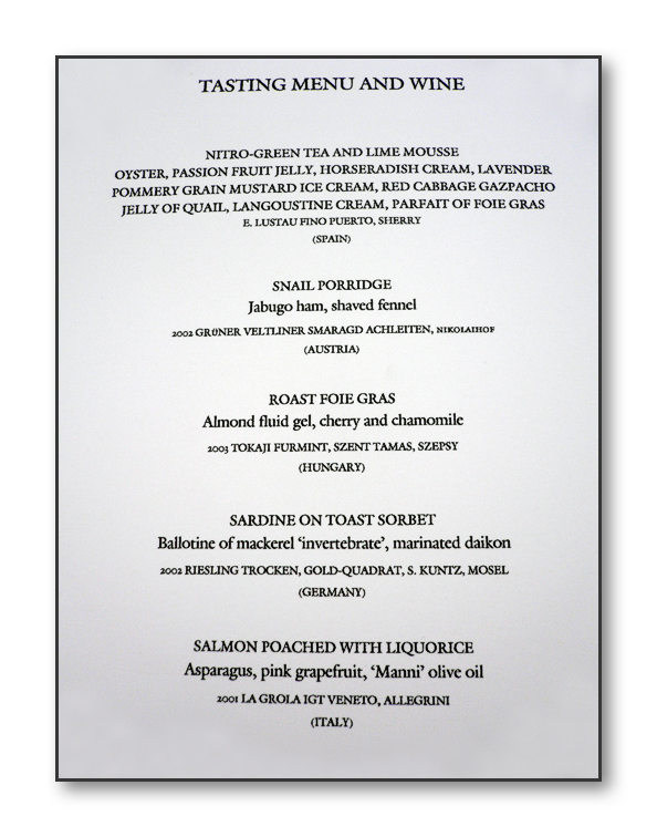 The Fat Duck 22 Course Tasting Menu Page 1