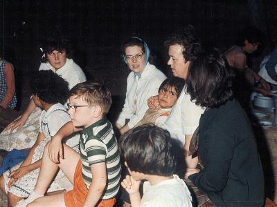 Visit to Evangelical Home by Bob Grupp Family - ca 1964 - Upper left - Elizabeth, Susan, Sr. Mary Jeanne - Paul at lower left