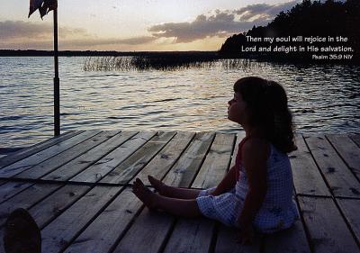 Elena Susan Grupp - on the Dock at Sunset, Cry of the Loon Lodge on Lake Kabekona in MN - Psalm 35 - Photo by Susan Grupp