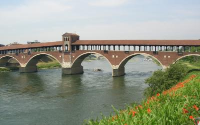 Pavia covered bridge, destroyed by the Allies in WW 2 but rebuilt