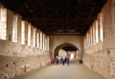 Inside the 2-story covered roadway between two halves of the castle 