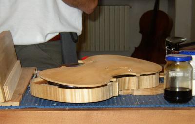Spruce from the Dolomites is used for the top of the violin.