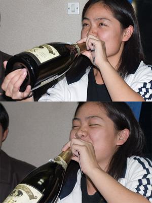 Li laoshi showing her love for the alcohol, taking a birthday swig.