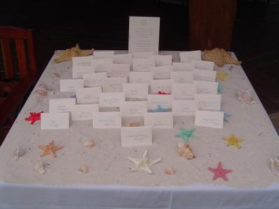 Seating arrangement name cards in sand