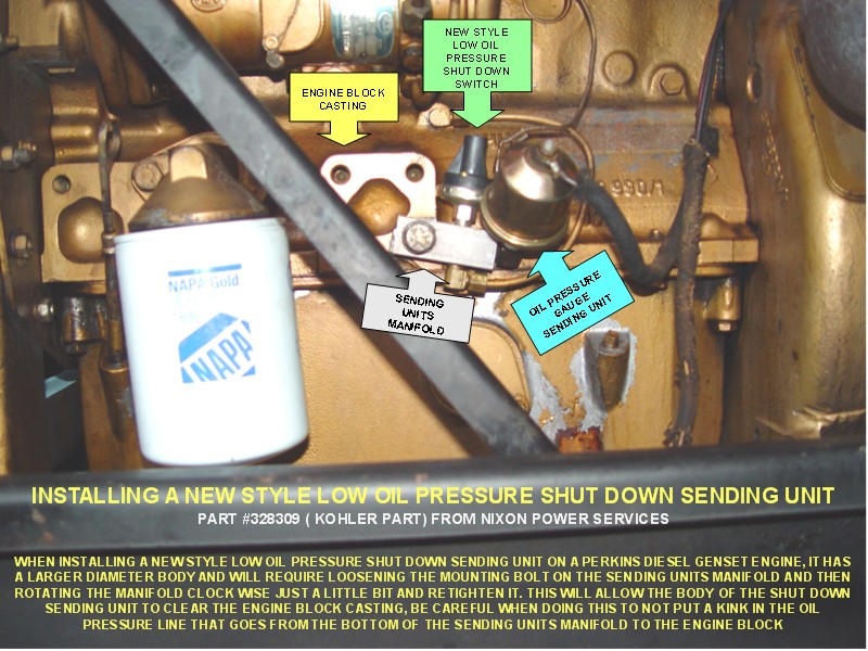 INSTALLING A NEW STYLE LOW OIL PRESSURE SHUT DOWN SENDING UNIT