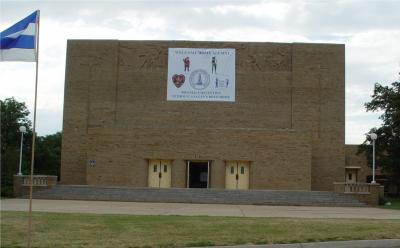 THE WELCOME BANNER HANGS ON THE FRONT OF THE MUSIC HALL