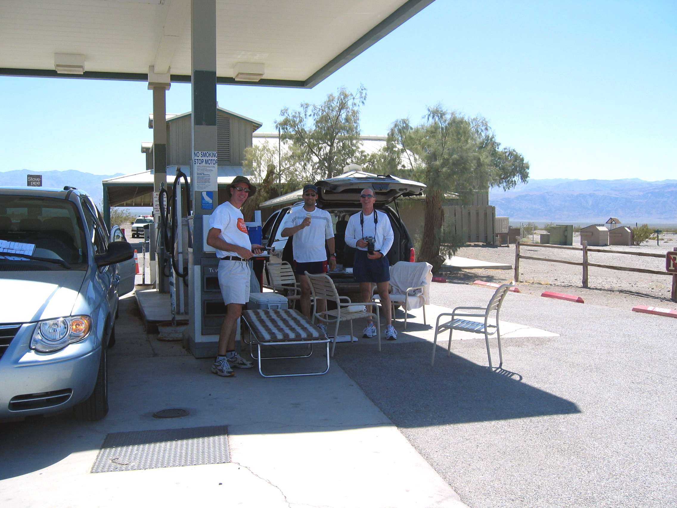 The researchers are set up in the shade at the gas station at SPW, which does not have gas this year