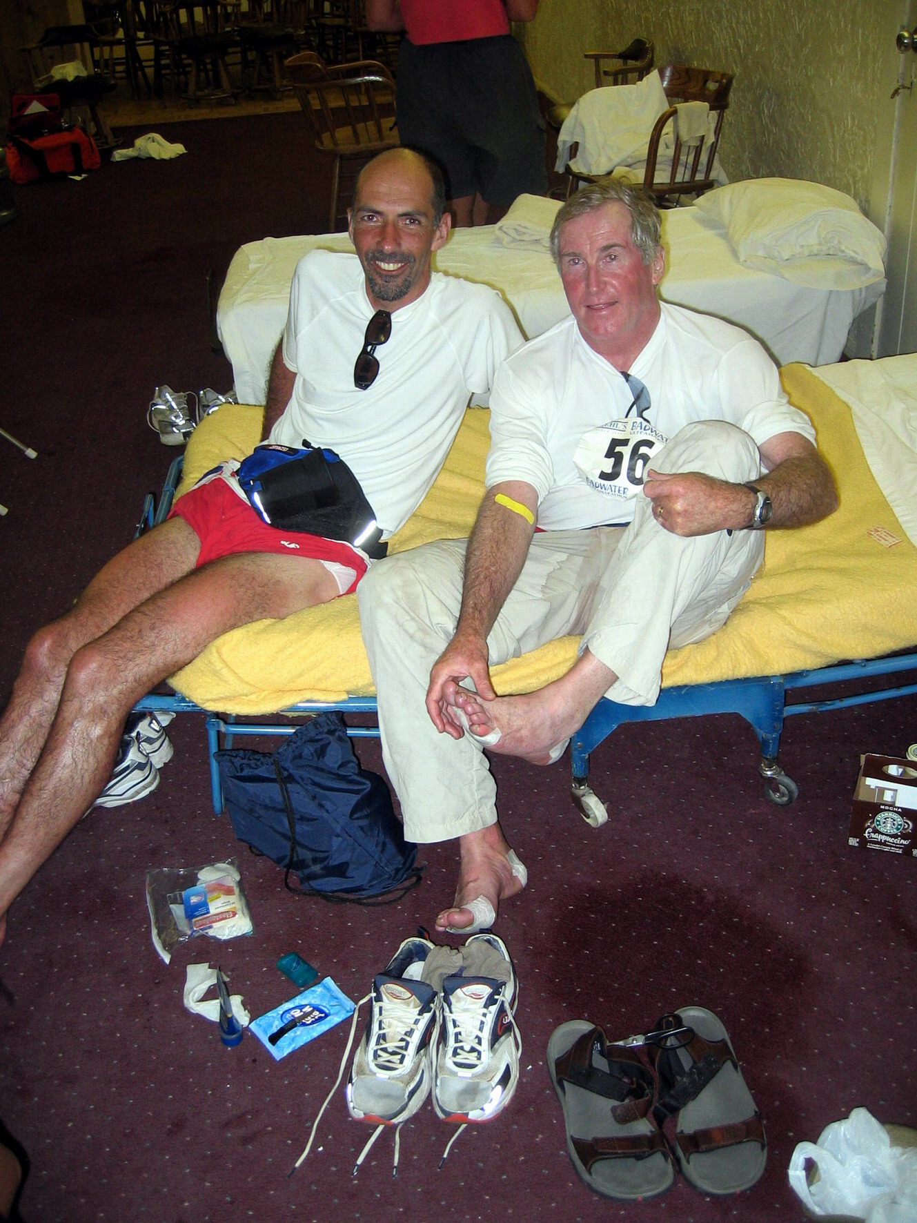 Miles Hilton-Barber stops for blister help in the SPW medical HQ.
