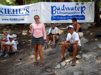 Jurek's crew hangs at the finish line to cheer in the runners while Scott summits Mt. Whitney