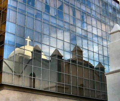reflection of church,main square,Mexico City.JPG